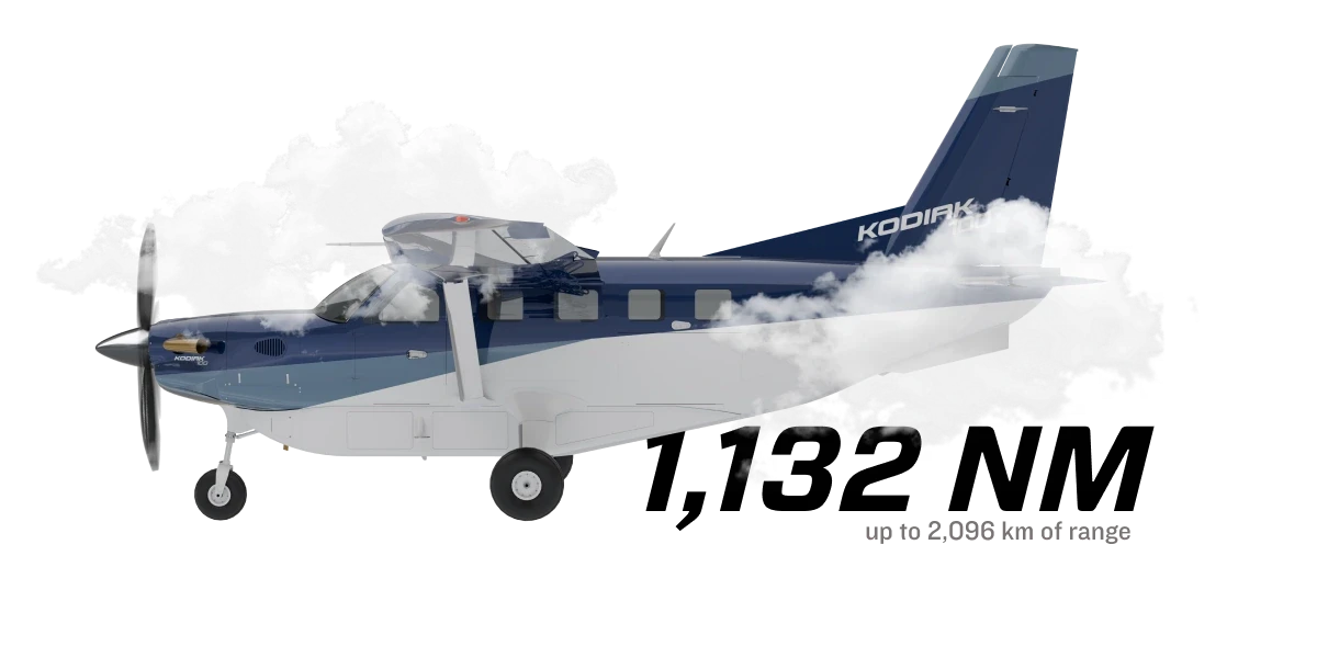 Kodiak 100: 1,132 NM (up to 2,096 km of range)